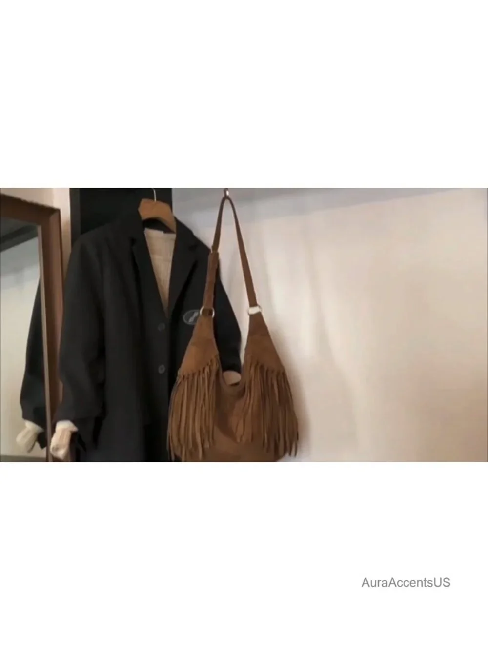 Faux Suede Crescent Hobo Bag with Tassels Adjustable Strap